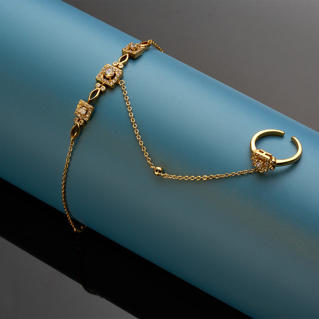 Pulsera De Cobre Con Zirconia, Diseño Retro Cadena De Dedo Integrada