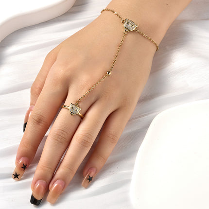 Pulsera Y Anillo De Cobre Diseño De Leopardo Cadena De Dedo Integrada