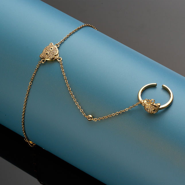 Pulsera Y Anillo De Cobre Diseño De Leopardo Cadena De Dedo Integrada