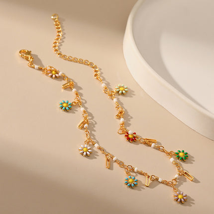 Tobillera Cadena De Cobre Con Diseño De Margaritas Coloridas De Moda Para Mujer
