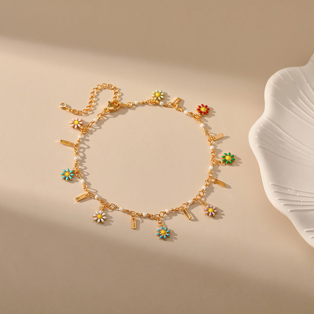 Tobillera Cadena De Cobre Con Diseño De Margaritas Coloridas De Moda Para Mujer