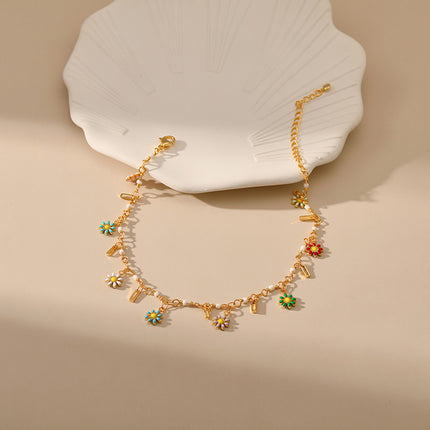 Tobillera Cadena De Cobre Con Diseño De Margaritas Coloridas De Moda Para Mujer