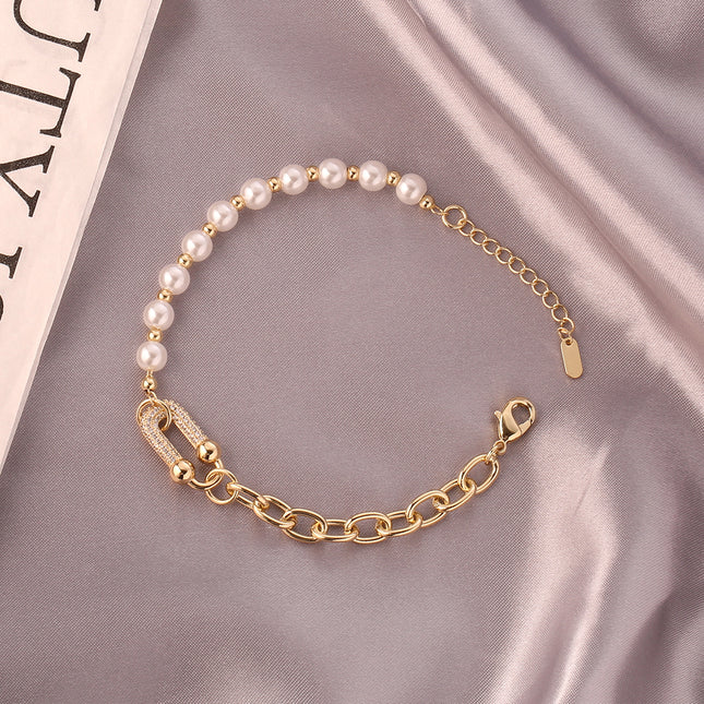 Pulseras De Cadena De Oro de 14K Con Hebilla En U Y Perlas Artificial