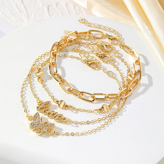 Tobillera De Cadena Multicapa De Aleación Con Mariposas Con Perlas Y Bolas De Moda Para Mujer