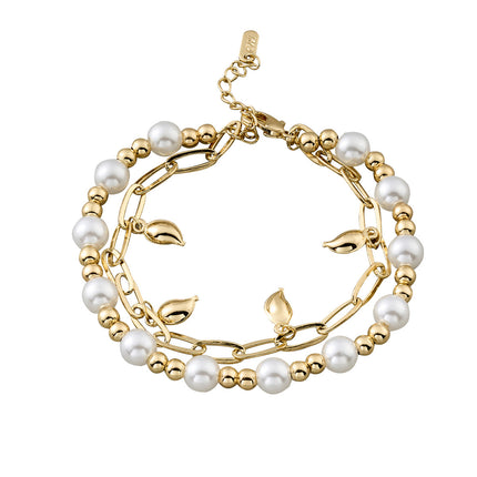 Pulsera Doble Cobre Con Perlas, Bolas Doradas Y Cierre En Oro De 14K