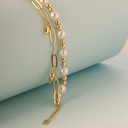 Pulsera Doble Cobre Con Perlas, Bolas Doradas Y Cierre En Oro De 14K