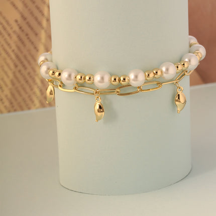 Pulsera Doble Cobre Con Perlas, Bolas Doradas Y Cierre En Oro De 14K