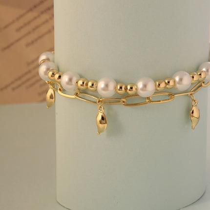 Pulsera Doble Cobre Con Perlas, Bolas Doradas Y Cierre En Oro De 14K