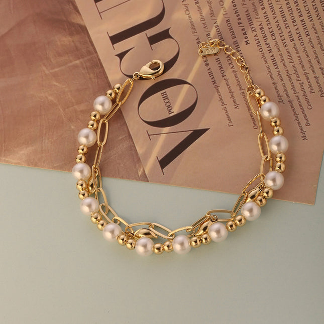 Pulsera Doble Cobre Con Perlas, Bolas Doradas Y Cierre En Oro De 14K