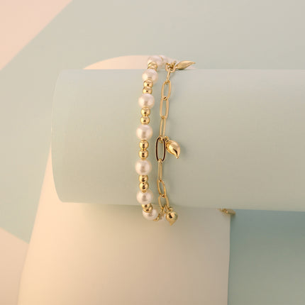 Pulsera Doble Cobre Con Perlas, Bolas Doradas Y Cierre En Oro De 14K