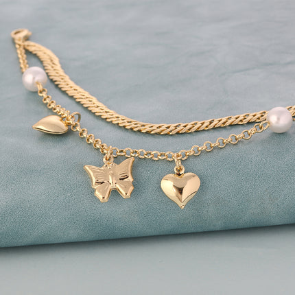 Pulsera Cobre De Oro De 14K  Doble Capa Con Mariposa Y Corazón Estilo INS