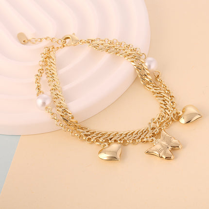 Pulsera Cobre De Oro De 14K  Doble Capa Con Mariposa Y Corazón Estilo INS