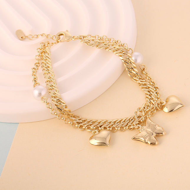 Pulsera Cobre De Oro De 14K  Doble Capa Con Mariposa Y Corazón Estilo INS