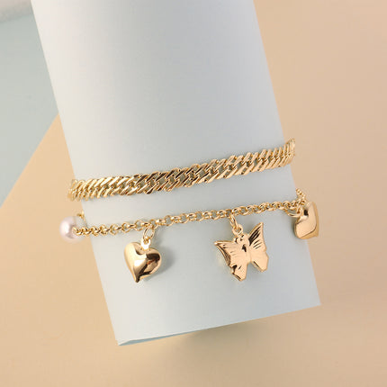 Pulsera Cobre De Oro De 14K  Doble Capa Con Mariposa Y Corazón Estilo INS