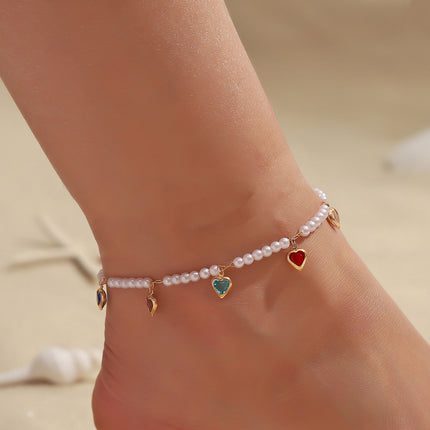 Tobillera Para Mujer Cadena De Cobre Con Corazones De Cristal Con Perlas De Imitación