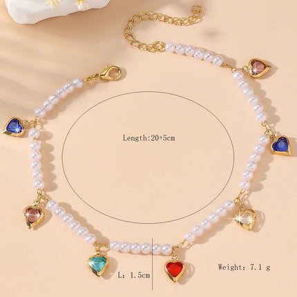 Tobillera Para Mujer Cadena De Cobre Con Corazones De Cristal Con Perlas De Imitación