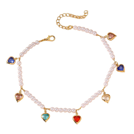 Tobillera Para Mujer Cadena De Cobre Con Corazones De Cristal Con Perlas De Imitación