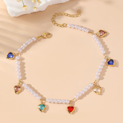 Tobillera Para Mujer Cadena De Cobre Con Corazones De Cristal Con Perlas De Imitación