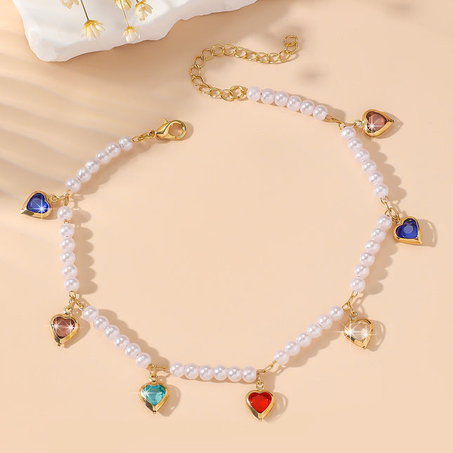 Tobillera Para Mujer Cadena De Cobre Con Corazones De Cristal Con Perlas De Imitación