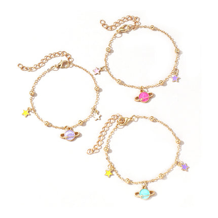 Pulsera Femenina De Metal Con Dijes De Flor O Planeta Y Flecos Modernos
