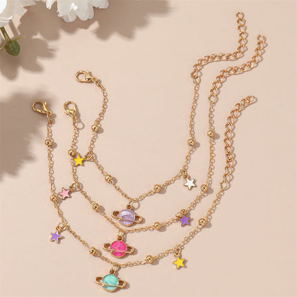 Pulsera Femenina De Metal Con Dijes De Flor O Planeta Y Flecos Modernos