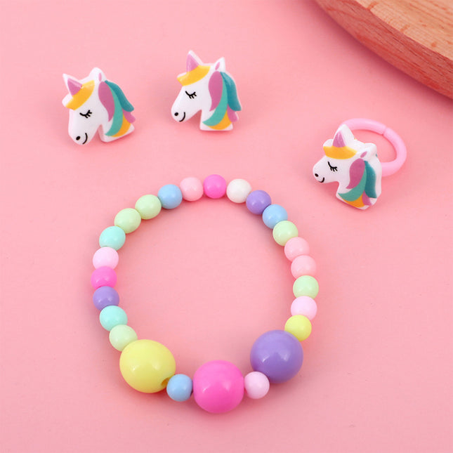Set Infantil De Joyería De Unicornio: Pulsera, Anillo Y Aretes
