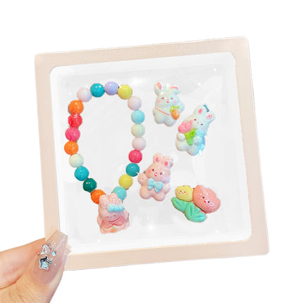 Set De Joyería Infantil De Conejito: Pulsera, Anillo Y Clips De Oreja