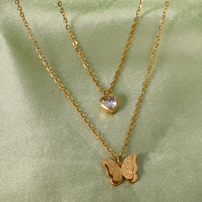 Collar Doble Capa Acero Inoxidable Con Colgante De Corazón Y Mariposa