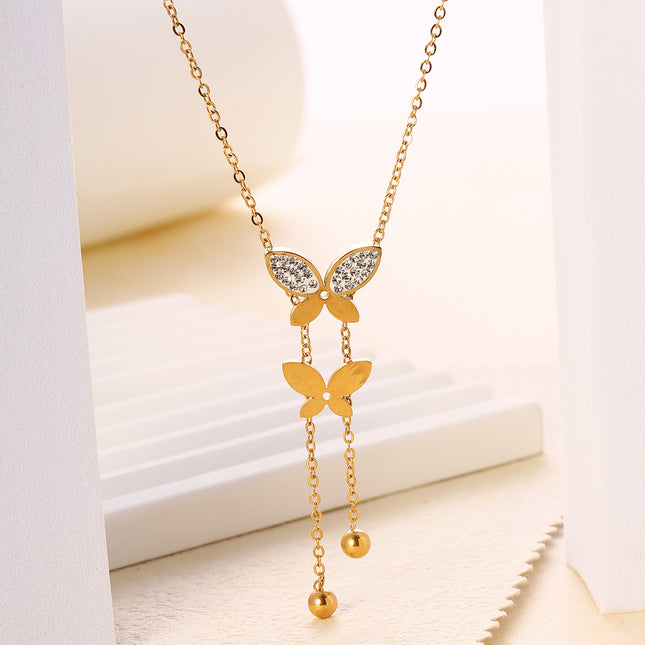Collar de Mariposas Con Circonita Y Cuentas, Diseño Único De Dos Mariposas