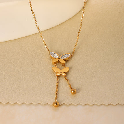 Collar de Mariposas Con Circonita Y Cuentas, Diseño Único De Dos Mariposas