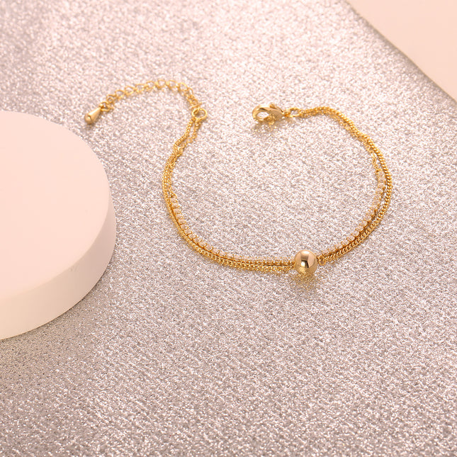 Pulsera De Doble Capa Con Bolitas Y Zirconias, Cobre Y Plata S925