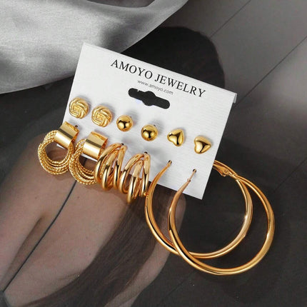 Set De Aretes Aleación Con Formas Geométricas Y Corazón Pendientes De Moda