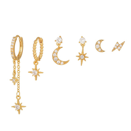 Aretes De Cobre Con Zirconia Set De Diseño De Estrella, Luna Y Rayo