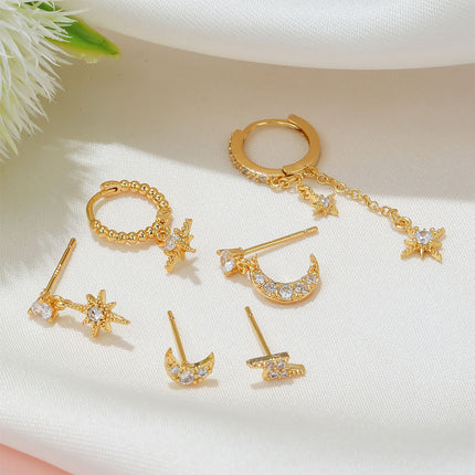 Aretes De Cobre Con Zirconia Set De Diseño De Estrella, Luna Y Rayo