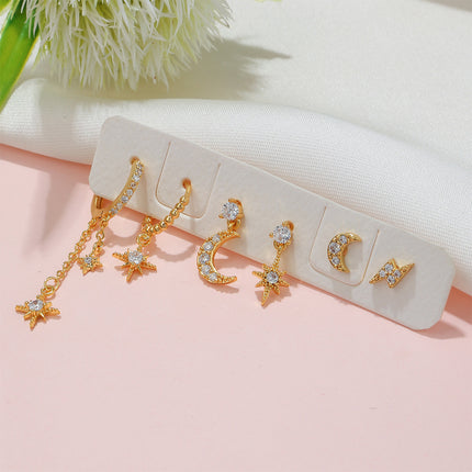 Aretes De Cobre Con Zirconia Set De Diseño De Estrella, Luna Y Rayo