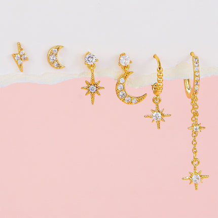 Aretes De Cobre Con Zirconia Set De Diseño De Estrella, Luna Y Rayo