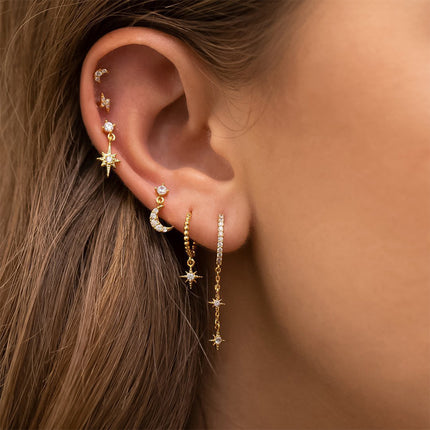 Aretes De Cobre Con Zirconia Set De Diseño De Estrella, Luna Y Rayo