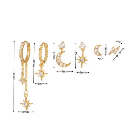 Aretes De Cobre Con Zirconia Set De Diseño De Estrella, Luna Y Rayo