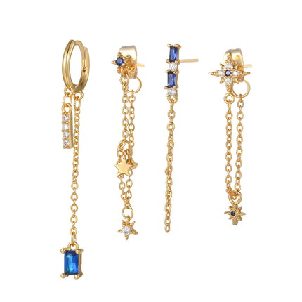 Aretes De Cobre Con Elementos De Cadena, Estrella Y Zirconia Para Mujer