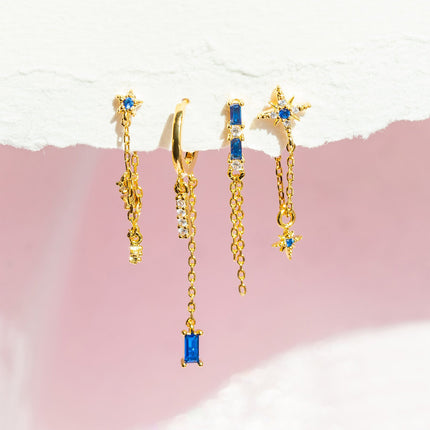 Aretes De Cobre Con Elementos De Cadena, Estrella Y Zirconia Para Mujer