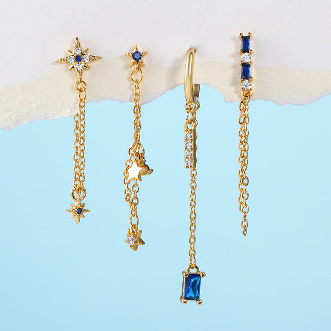 Aretes De Cobre Con Elementos De Cadena, Estrella Y Zirconia Para Mujer