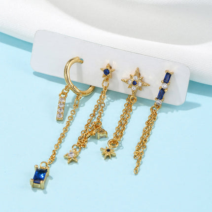 Aretes De Cobre Con Elementos De Cadena, Estrella Y Zirconia Para Mujer