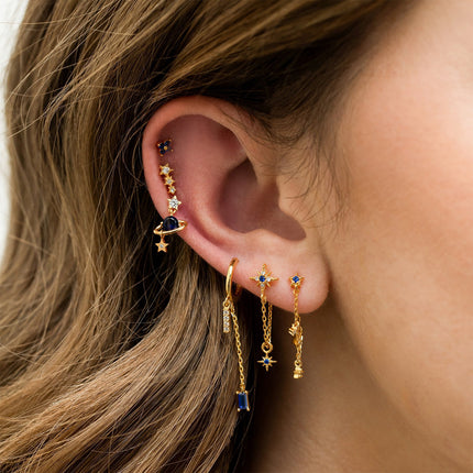 Aretes De Cobre Con Elementos De Cadena, Estrella Y Zirconia Para Mujer