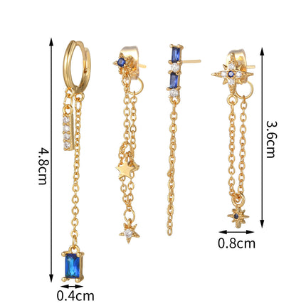 Aretes De Cobre Con Elementos De Cadena, Estrella Y Zirconia Para Mujer