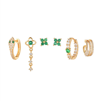 Aretes De Latón Con Zirconia Verde Y Blanca Diseño Retro Elegante