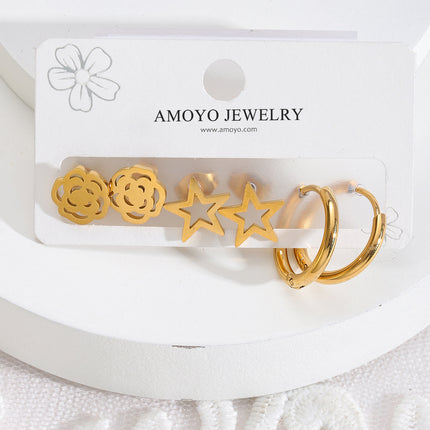 Set De Aretes Con Estrella, Flor Y Aros Diseño En Baño De Oro Elegante