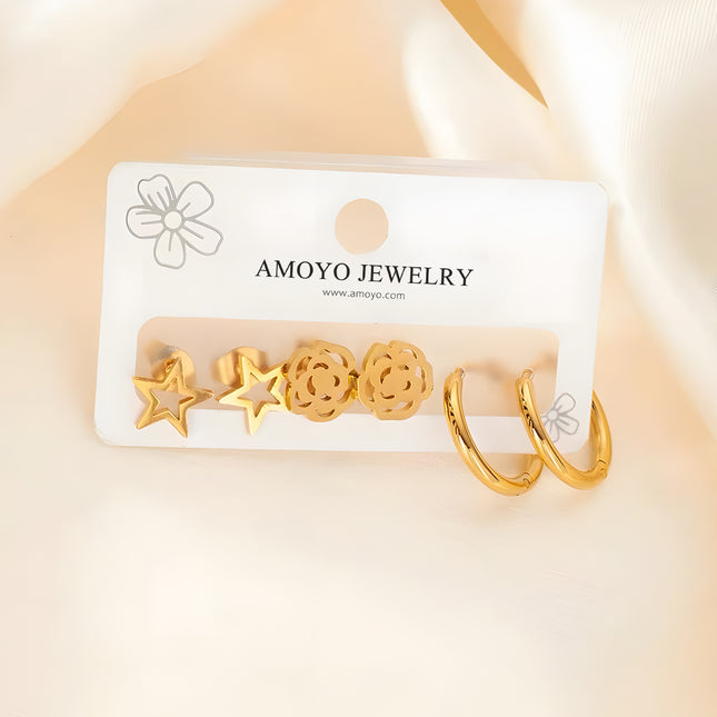 Set De Aretes Con Estrella, Flor Y Aros Diseño En Baño De Oro Elegante