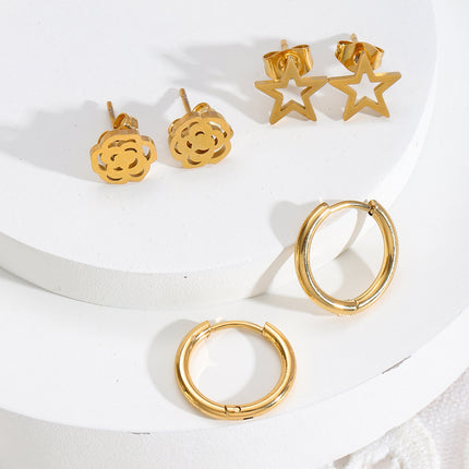 Set De Aretes Con Estrella, Flor Y Aros Diseño En Baño De Oro Elegante