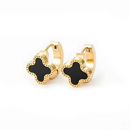 Aretes Chapado En Oro Con Aros Y Flor De Cuatro Hojas Diseño Elegante