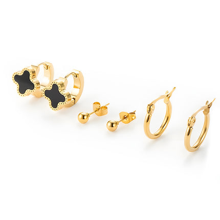 Aretes Chapado En Oro Con Aros Y Flor De Cuatro Hojas Diseño Elegante